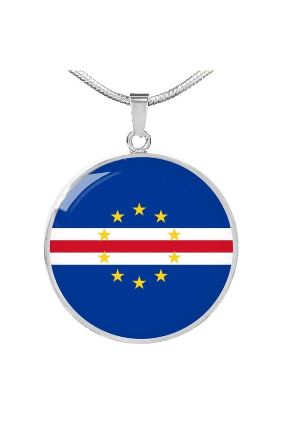Cape Verde Flag Circle Pendant Necklace Stainless Steel 24 Inch Chain Silver Tone or Gold Tone