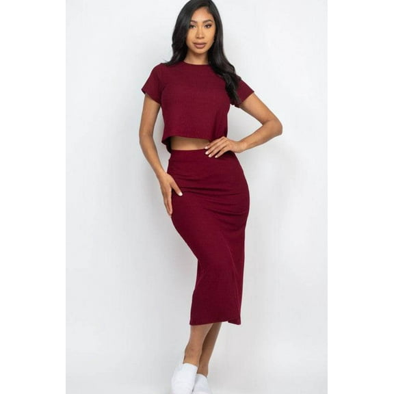 Capella Casual Ribbed Solid Short Sleeves Round Neck Top And Midi Skirt Set - Rosa Apparel