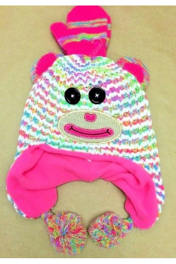 Girl's Monkey Knit Earflap Hat & Magic Glove 2pc set (Infant)