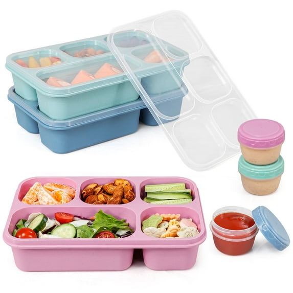 Caperci 3 Pack Snackle Box Container -1300ml Lunchable Containers with Dividers, 5 Compartment Bento Box with 3 Sauce Containers, Dishwasher Safe, Virgin PP Clear Lid + Wheat Straw (Darker Color)