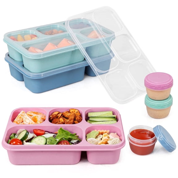 Caperci Bento Box Adult Lunchable Container - Reusable 3-Pack Snack Box Containers with 5-Compartment & 3pc Dressing Cups, BPA-Free Food Storage for Meal Prep, School, Work (Dark & Clear Lids)