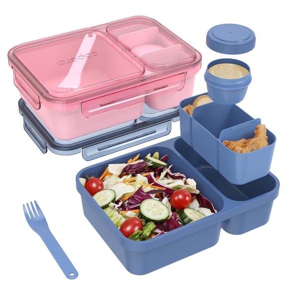 Caperci 2 Pack 62 oz Salad Container for Lunch, 2-Section Meal Preparation Containers featuring Detachable Toppings Trays, Sauce Cup, Reusable Fork, BPA-Free (Navy & Pink)