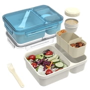 Caperci 2 Pack 62 oz Salad Container for Lunch, 2-Section Meal Preparation Containers featuring Detachable Toppings Trays, Sauce Cup, Reusable Fork, BPA-Free (Blue & Tofu)
