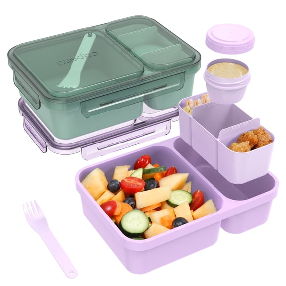 Caperci 2 Pack 62 oz Salad Container for Lunch, 2-Section Meal Preparation Containers featuring Detachable Toppings Trays, Sauce Cup, Reusable Fork, BPA-Free (Purple & Green)