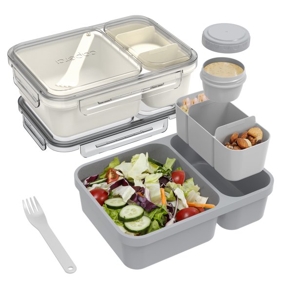 Caperci 2 Pack 62 oz Salad Container for Lunch, 2-Section Meal Preparation Containers featuring Detachable Toppings Trays, Sauce Cup, Reusable Fork, BPA-Free (Gray & Tofu)