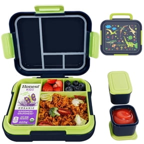 Caperci 4.8 Cups Bento Box for Kids - 4 Compartments Large Lunch Box with Two Modular Containers, Leak-Proof, Microwave & Dishwasher Safe, BPA-Free, Dinosaur Pattern (Navy)