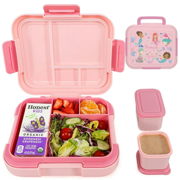 Caperci 4.8 Cups Bento Box for Kids - 4 Compartments Large Lunch Box with Two Modular Containers, Leak-Proof, Microwave & Dishwasher Safe, BPA-Free, Mermaid Pattern (Pink)
