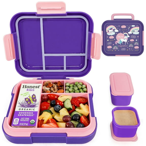 Caperci 4.8 Cups Bento Box for Kids - 4 Compartments Large Lunch Box with Two Modular Containers, Leak-Proof, Microwave & Dishwasher Safe, BPA-Free, Unicorn Pattern (Purple)