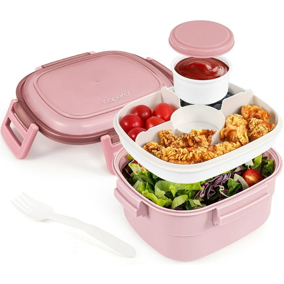 Caperci 55 oz Superior Salad Bento Box with 4-Compartments, 3 oz Sauce Container, Reusable Spork & BPA-Free (Pink)