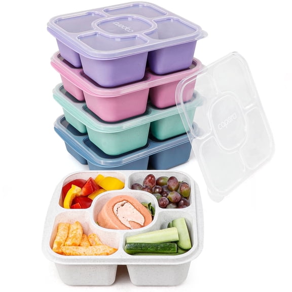 Caperci 5 Pack Lunchable Containers -660ml 5 Compartment Snack Box Container, Dishwasher Safe, New Virgin PP Clear Lid + Solid-Colored Box Body​ (Darker Color)
