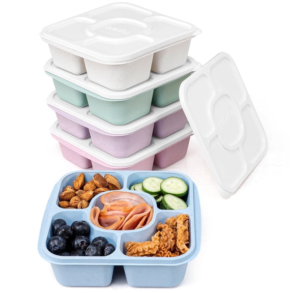 Caperci 5 Pack Lunchable Box Reusable -660ml 5 Compartment Lunchable Boxes Container, Dishwasher Safe, Virgin PP White Lid + Solid-Colored Box Body (Light Color)