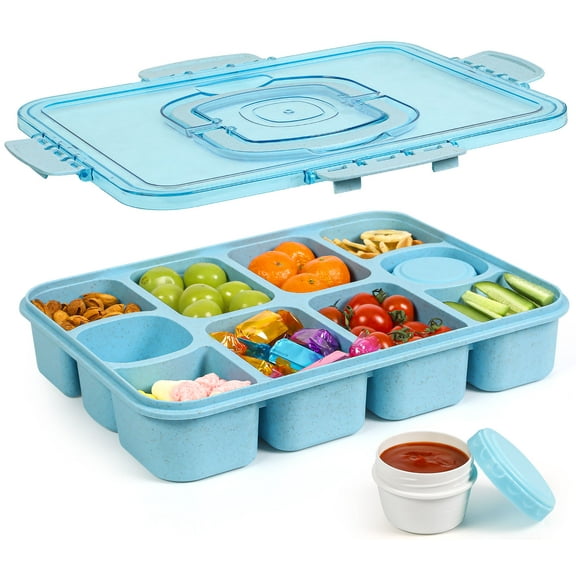 Caperci All-in-One​​ Serving Tray with Handle - 10 Compartments and Built-in 2 Sauce Cups Portable Snack Tray with Lid, Dishwasher Safe, Leak-Proof, BPA-Free (Blue)