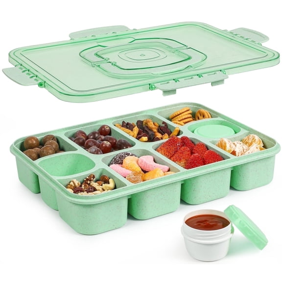 Caperci All-in-One Snack Tray with Lid and Handle - 10 Compartments and Built-in 2 Sauce Cups Portable Snackle Box for Travel, Dishwasher Safe, Leak-Proof, BPA-Free (Green)