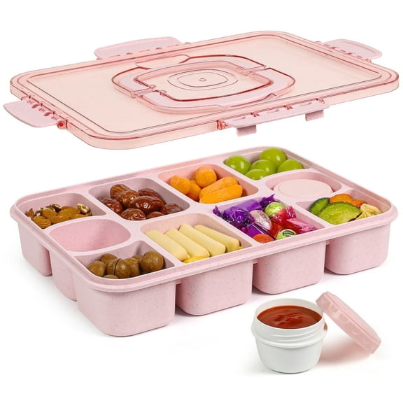 Caperci Snack Container - 2700ML Portable Snack Box Container with 10 Compartments & 2 Sauce Cups, Dishwasher Safe, All-in-One, BPA-Free (Pink)