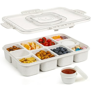 Caperci Serving Tray with Lid and Handle - 10 Compartments and Built-in 2 Sauce Cups Portable Snack Tray with Lid, Dishwasher Safe, All-in-One, Leak-Proof, BPA-Free (White)