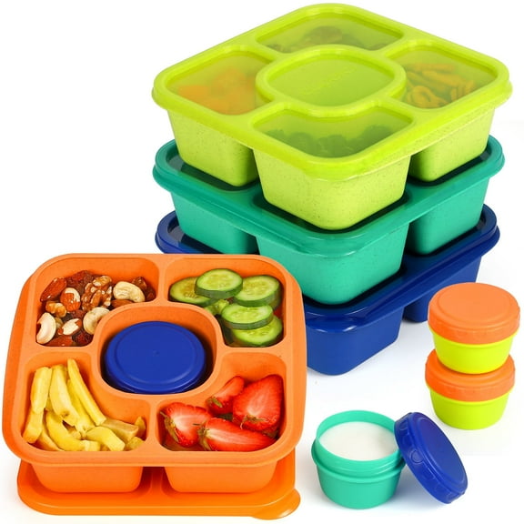 Caperci 4 Pack Reusable Snack Bento Boxes -5 Compartment Lunchable Boxes Container with 4 Leakproof Sauce Containers, Dishwasher Safe, BPA Free,Wheat Straw (Jewel Brights Color)