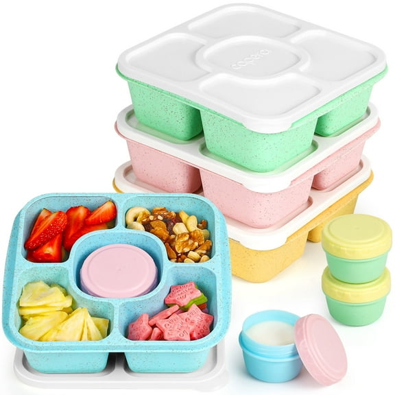 Caperci 4 Pack Lunchable Containers, Lunchable Box Reusable 5 Compartment Bento Snack Box with 4 Leakproof Sauce Containers, Dishwasher Safe, BPA Free, Wheat Straw (Vintage Color)