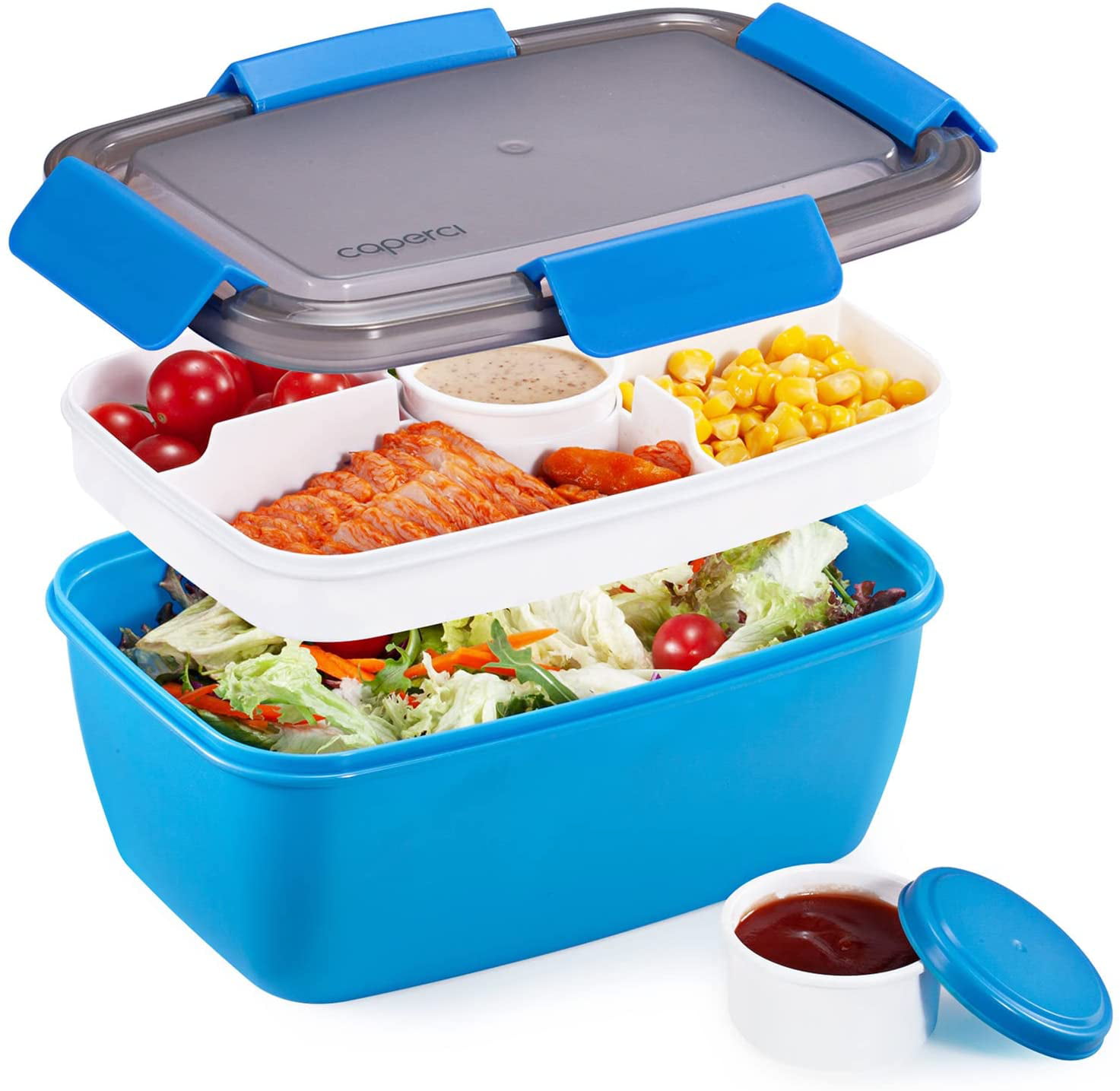 Caperci Stackable Salad Container for Lunch, Leakproof Adult Bento Lunch Box  68-oz, 5-Compartment Tray, 2pcs 3-oz Sauce Cups, BPA-Free (Blue) 