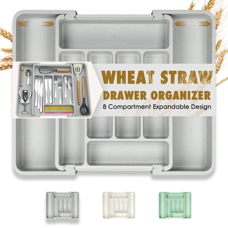 Caperci Kitchen Drawer Organizer-Large Expandable Silverware Organizer, Utensil Drawer Organizer Holder, Dishwasher Safe, Wheat Straw and Food-Grade PP(Gray)