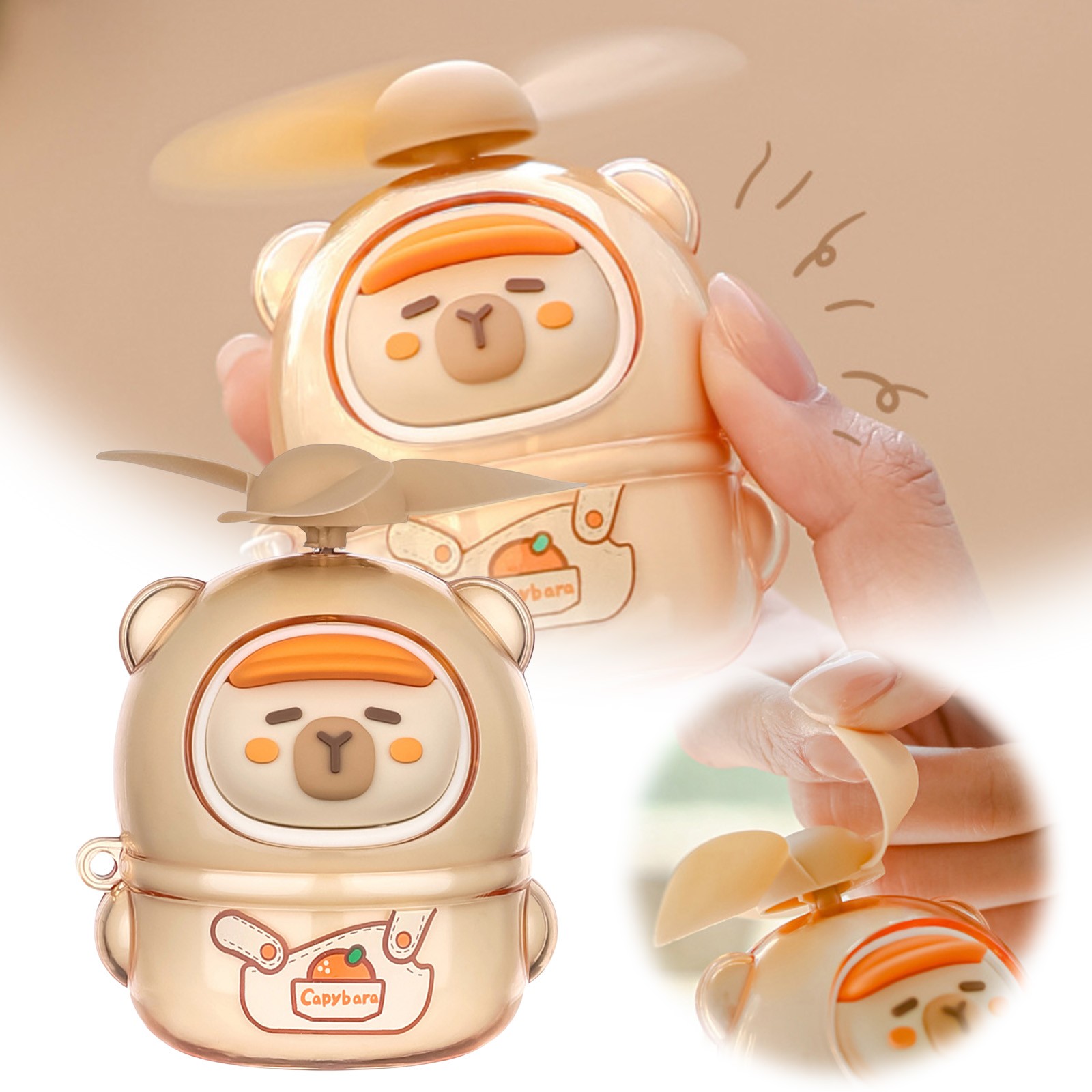 Capibala handheld small fan, Handheld Fan, Portable Neck Fan, Cute Desk Fan, Rechargeable, 3 Speed Wind, Bladeless Design, Exquisite Appearance, Beige