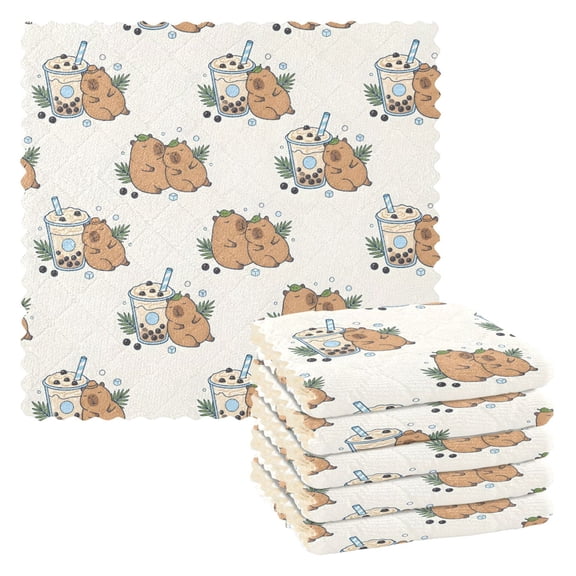 Capibara Milk Tea Kitchen Cloth Dish Towels for Drying Washing Absorbent Dish Rags Reusable soft kitchen dishcloth set 6 Pack