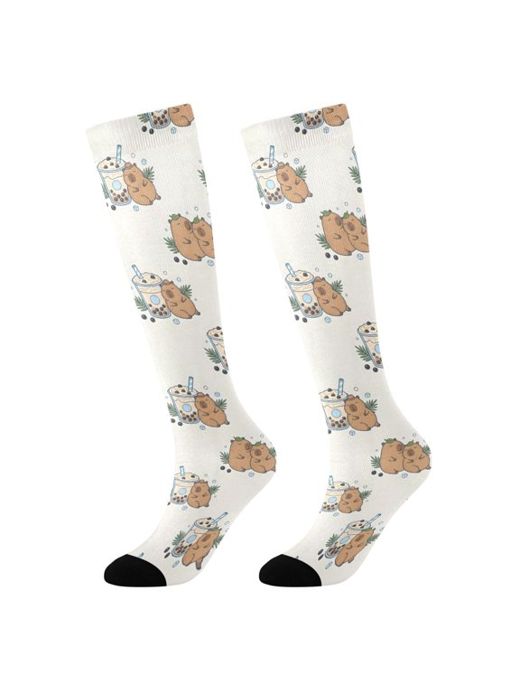 Capibara Milk Tea Novelty Patterned Knee High Socks Breathable Stretchy Soft Tall Boot Socks