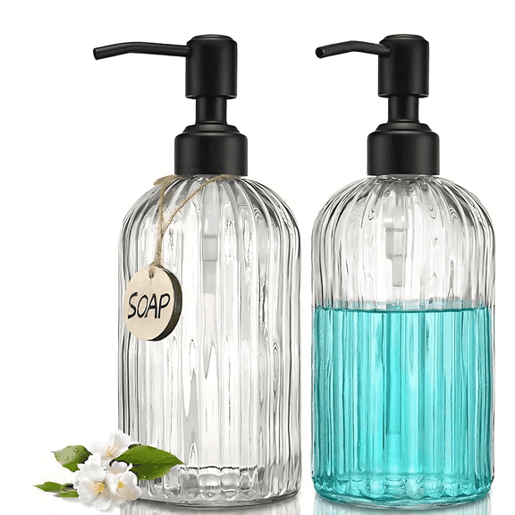 2PACK Glass Soap Dispenser with Rust Proof Stainless Steel Pump, Refillable Hand Soap Dispenser with Vertical Stripe, Premium Bathroom soap Dispenser for Kitchen & Bathroom
