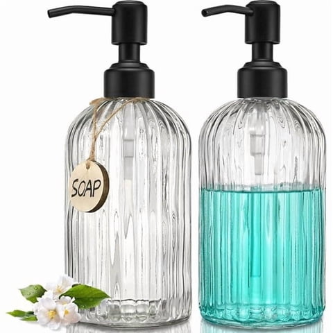 2PACK  Glass Soap Dispenser with Rust Proof Stainless Steel Pump, Refillable Hand Soap Dispenser with Vertical Stripe, Premium Bathroom soap Dispenser for Kitchen & Bathroom