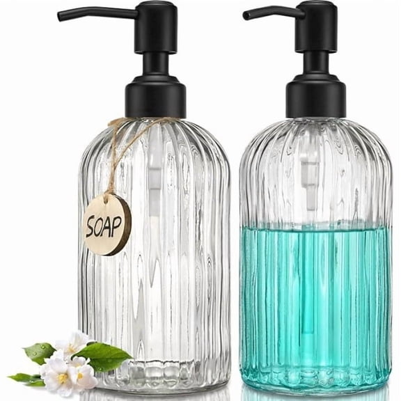 2PACK Glass Soap Dispenser with Rust Proof Stainless Steel Pump, Refillable Hand Soap Dispenser with Vertical Stripe, Premium Bathroom soap Dispenser for Kitchen & Bathroom