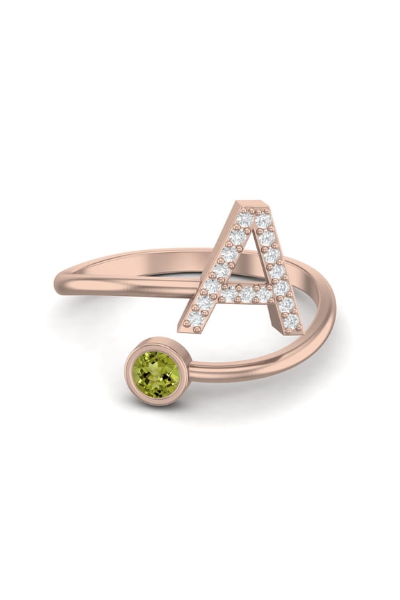 Capital A Initial Letter 3MM Round Peridot 925 Sterling Silver Rose Vermeil Women Adjustable Valentines Day Gifts Ring