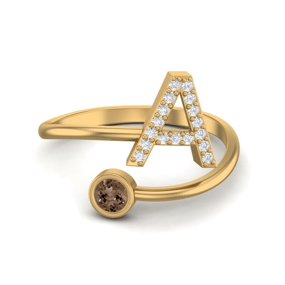 Capital A Initial Letter 3MM Round Smoky Quartz 925 Sterling Silver Gold Vermeil Women Adjustable Mother's Day Gift Ring