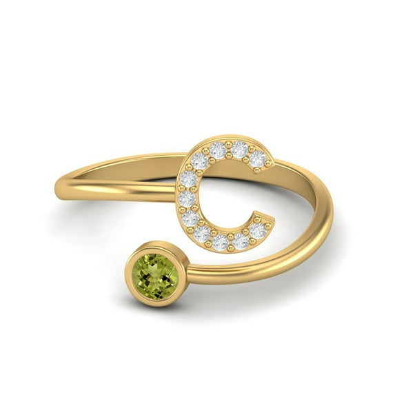 Capital C Initial Letter 3MM Round Peridot 925 Sterling Silver Gold Vermeil Women Adjustable Mother's Day Gift Ring