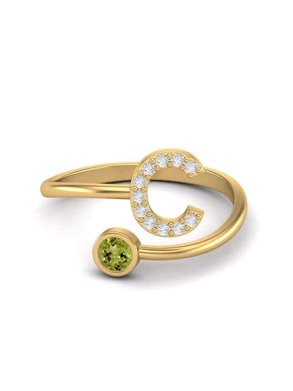 Capital C Initial Letter 3MM Round Peridot 925 Sterling Silver Gold Vermeil Women Adjustable Mother's Day Gift Ring