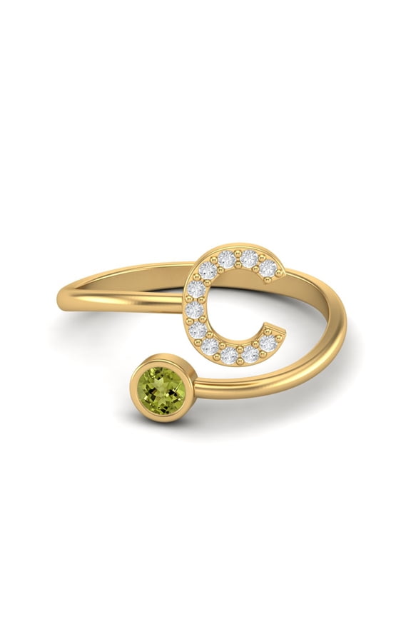 Capital C Initial Letter 3MM Round Peridot 925 Sterling Silver Gold Vermeil Women Adjustable Valentines Day Gifts Ring