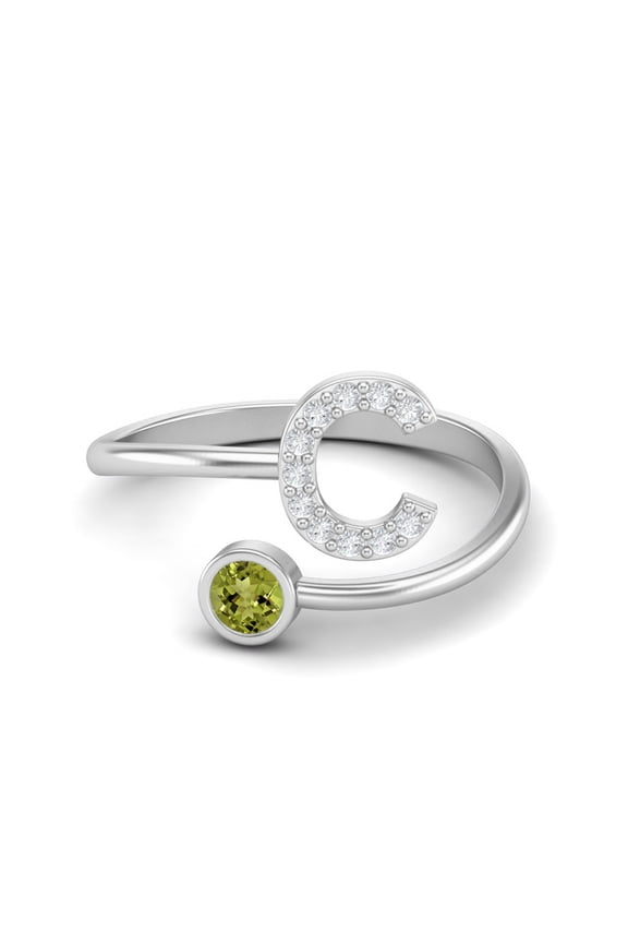 Capital C Initial Letter 3MM Round Peridot 925 Sterling Silver Women Adjustable Valentines Day Gifts Ring