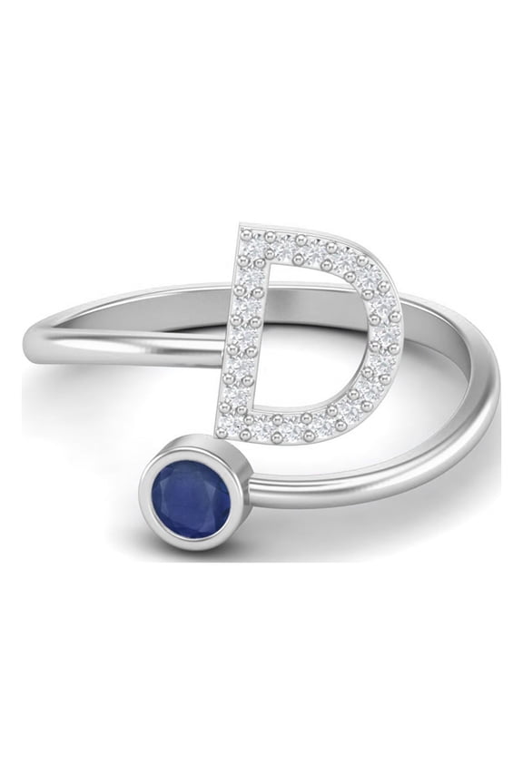 Capital D Initial Letter Blue Sapphire 925 Sterling Silver Adjustable Front Open Women Valentines Day Gifts Ring