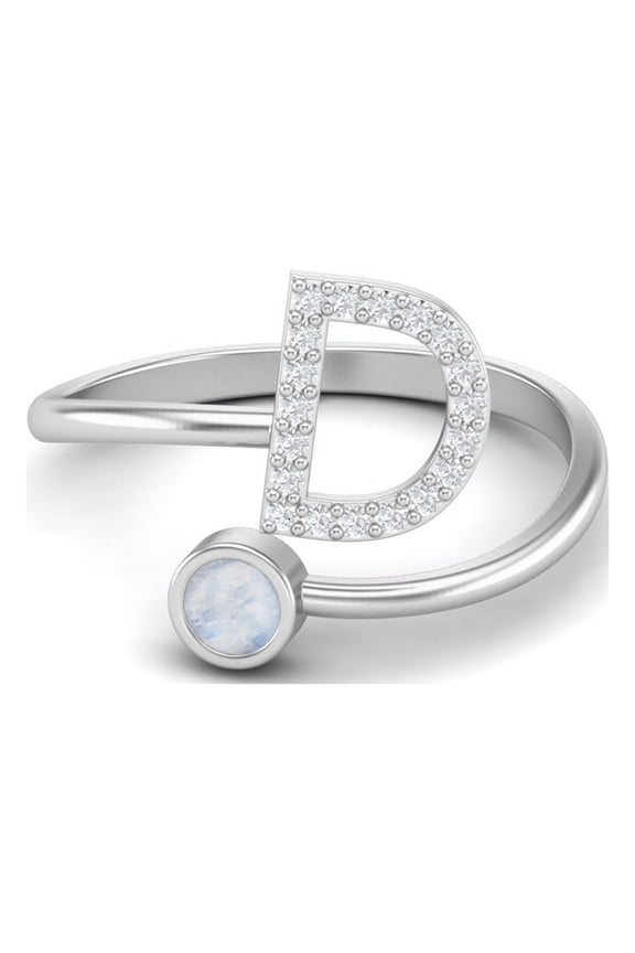 Capital D Initial Letter Moonstone Women Adjustable Front Open Valentines Day Gifts Ring 925 Sterling Silver