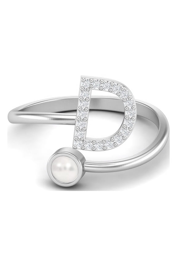 Capital D Initial Letter Natural Pearl Gemstone 925 Sterling Silver Women Mother's Day Gift Ring Adjustable Front Open Mother's Day Gift Ring Jewelry