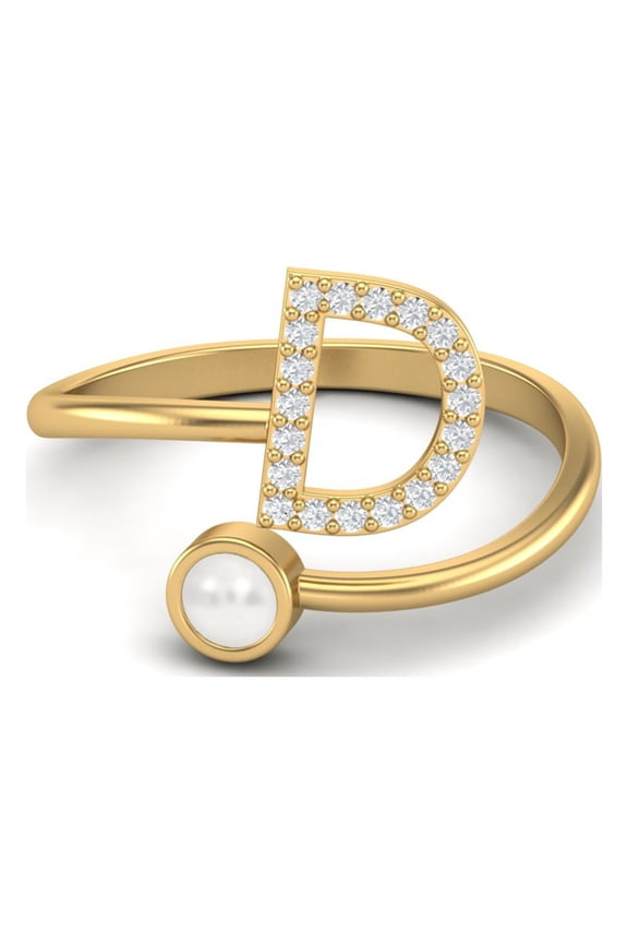 Capital D Initial Letter Pearl 925 Sterling Silver Gold Vermeil Women Valentines Day Gifts Ring Adjustable Front Open Valentines Day Gifts Ring Jewelry