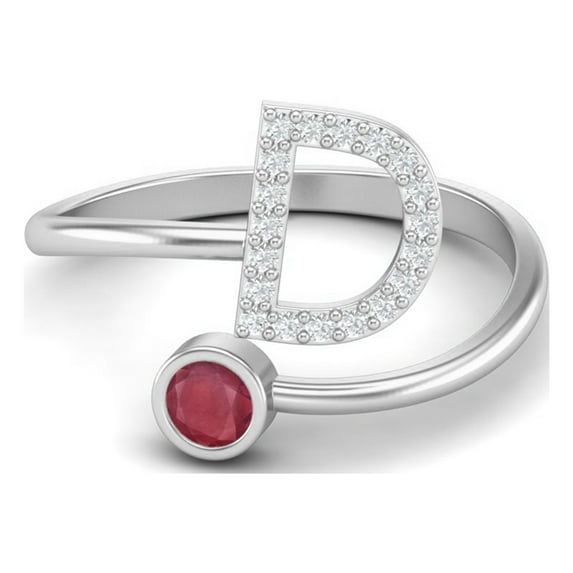 Capital D Initial Letter Ruby Glass Filled 925 Sterling Silver Women Adjustable Front Open Valentines Day Gifts Ring