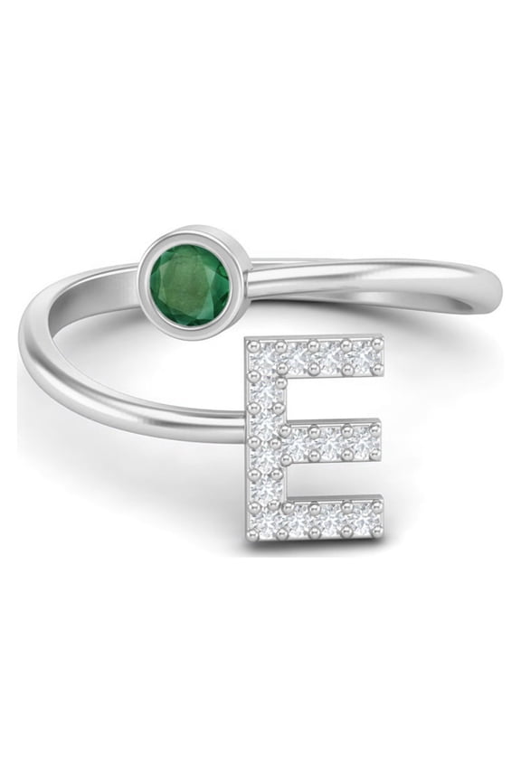 Capital E Initial Letter Emerald Women Adjustable Front Open Valentines Day Gifts Ring 925 Sterling Silver