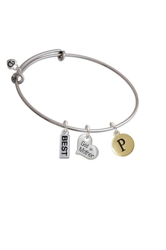 Capital Gold Tone Letter - P - Pebble Disc - God Mother Heart Expandable Bangle Bracelet