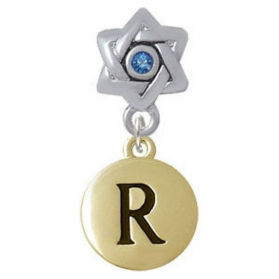Capital Gold Tone Letter - R - Pebble Disc - Star of David with Blue Crystal Charm Bead