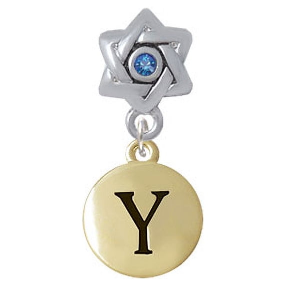 Capital Gold Tone Letter - Y - Pebble Disc - Star of David with Blue Crystal Charm Bead