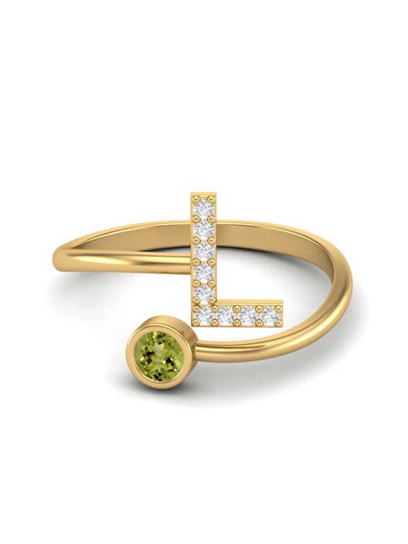 Capital L Initial Letter 3MM Round Peridot 925 Sterling Silver Gold Vermeil Women Adjustable Valentines Day Gifts Ring