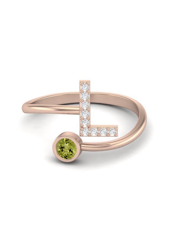 Capital L Initial Letter 3MM Round Peridot 925 Sterling Silver Rose Vermeil Women Adjustable Valentines Day Gifts Ring
