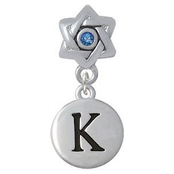 Capital Letter - K - Pebble Disc - Star of David with Blue Crystal Charm Bead