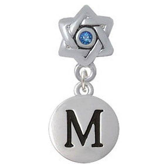 Capital Letter - M - Pebble Disc - Star of David with Blue Crystal Charm Bead