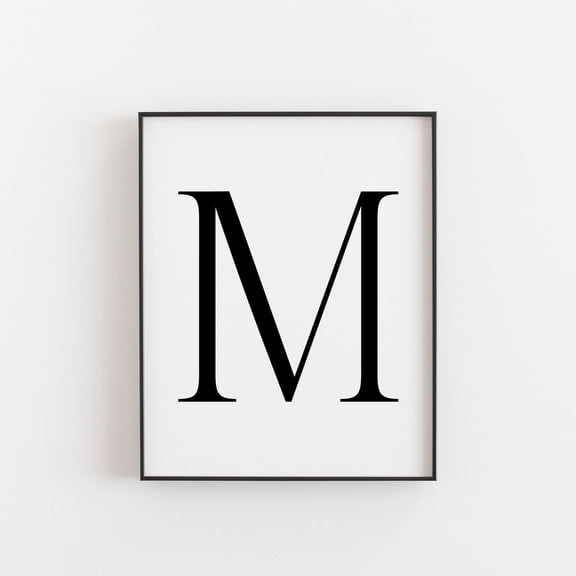 Capital Letter M Wall Art Print, Minimalist Black White Initial Decor