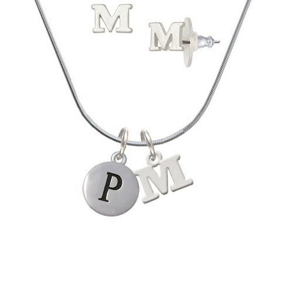 Capital Letter - P - Pebble Disc - - M Initial Charm Necklace and Stud Earrings Jewelry Set